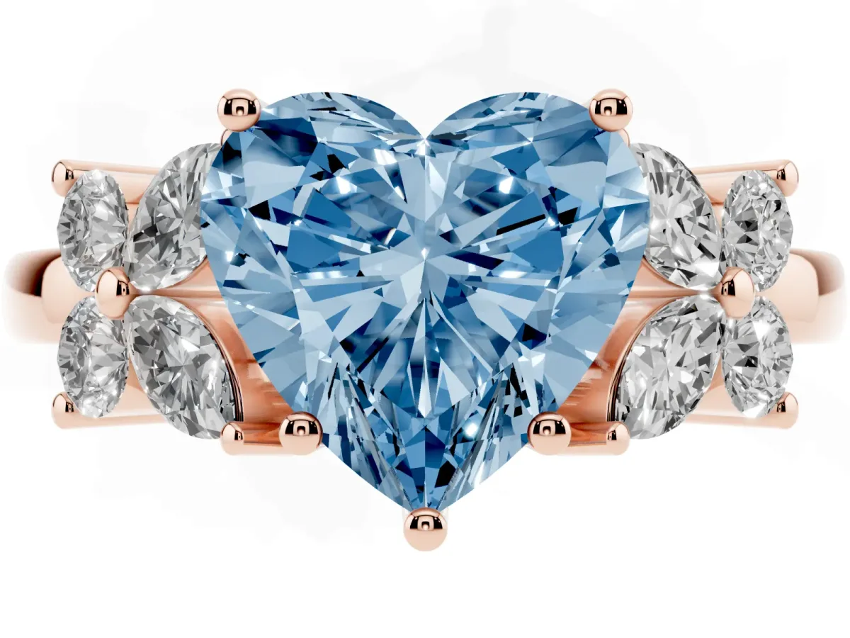 Fancy Blue Heart Cut Diamond Floral Cluster Ring with Solitaire Band and Prong Setting Rose gold