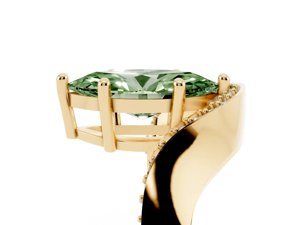 Fancy Green Marquise Cut Solitaire Diamond Engagement Ring with Pave Band and Four-Prong Setting Yellow gold
