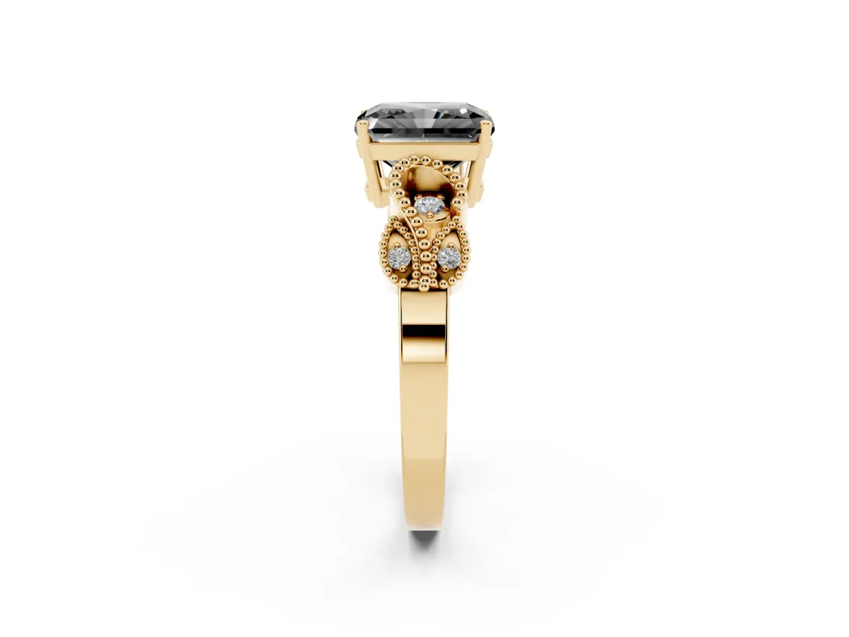 Fancy Black Princess Cut Solitaire Milgrain Leaf Band with Prong Setting Yellow gold