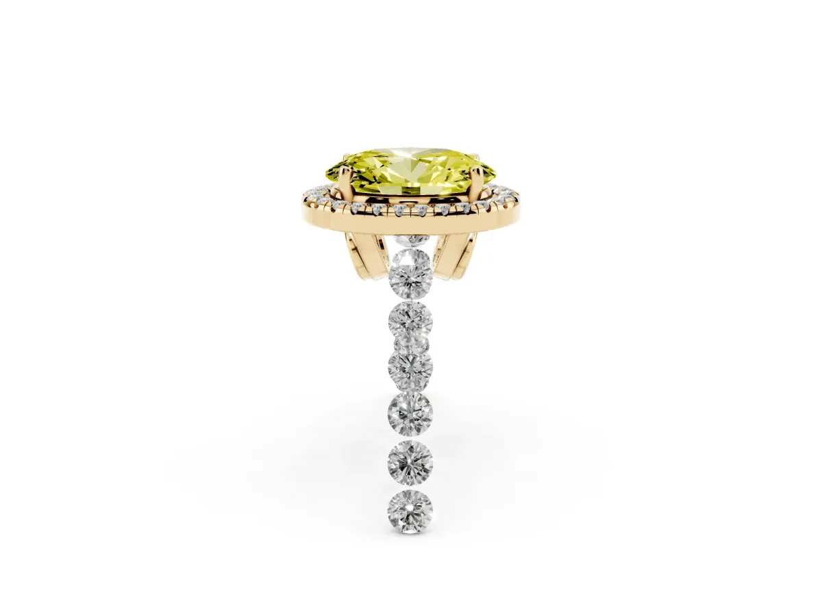 Fancy Yellow Oval Cut Halo Pavé Diamond Engagement Ring with Four-Prong Setting Yellow gold