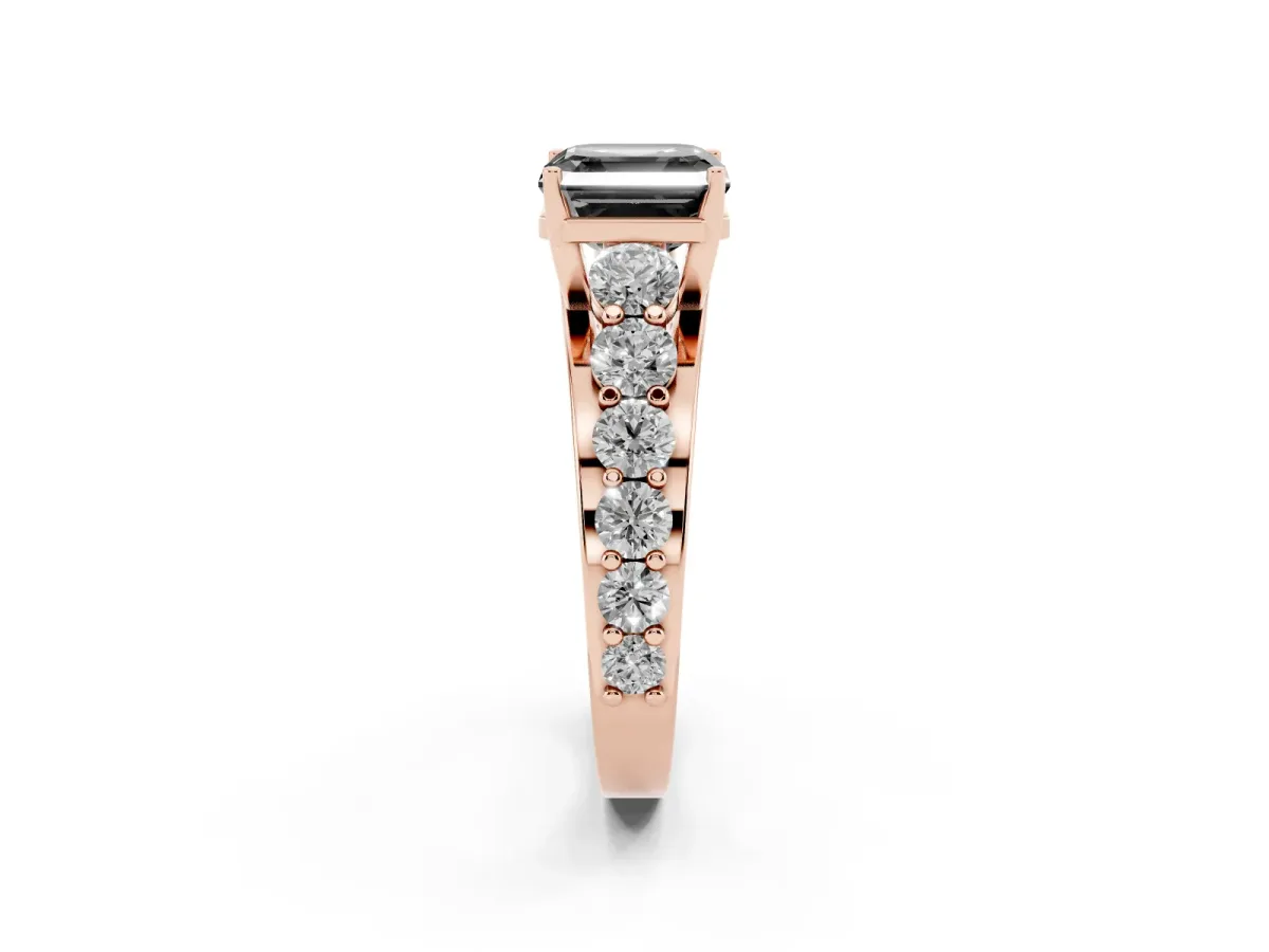 Fancy Black Asscher Cut Diamond Engagement Ring with Pavé Band and Four-Prong Setting Rose gold