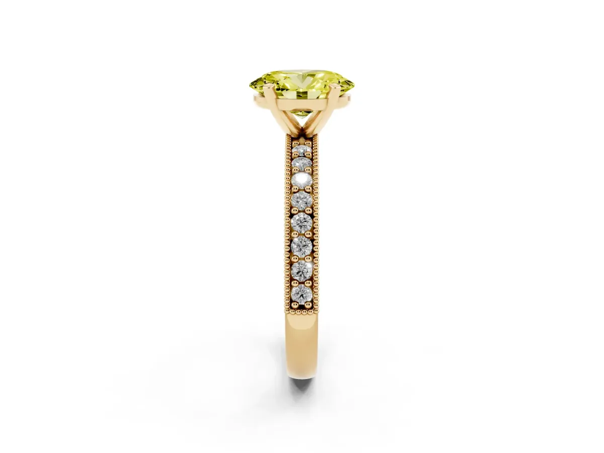 Fancy Yellow Oval Cut Diamond Milgrain Pavé Engagement Ring with Four-Prong Setting Yellow gold