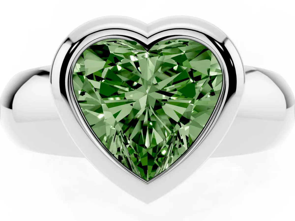 Fancy Green Bezel Set Heart Cut Solitaire Ring with Wide Band Platinum