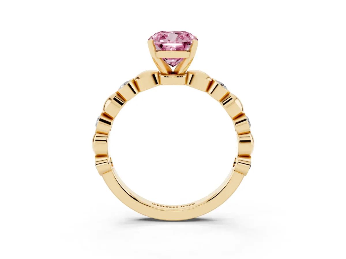 Fancy Pink Cushion Cut Solitaire Bezel-Set Diamond Ring with Beaded Band and Four-Prong Setting Yellow gold
