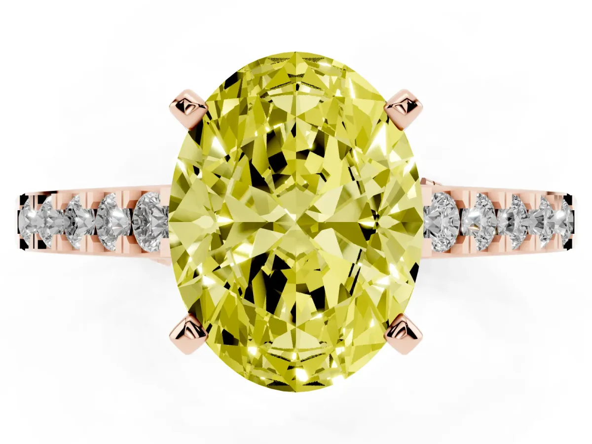 Fancy Yellow Oval Cut Diamond Solitaire Ring with Crossover Gallery and Round Pavé Band Rose gold
