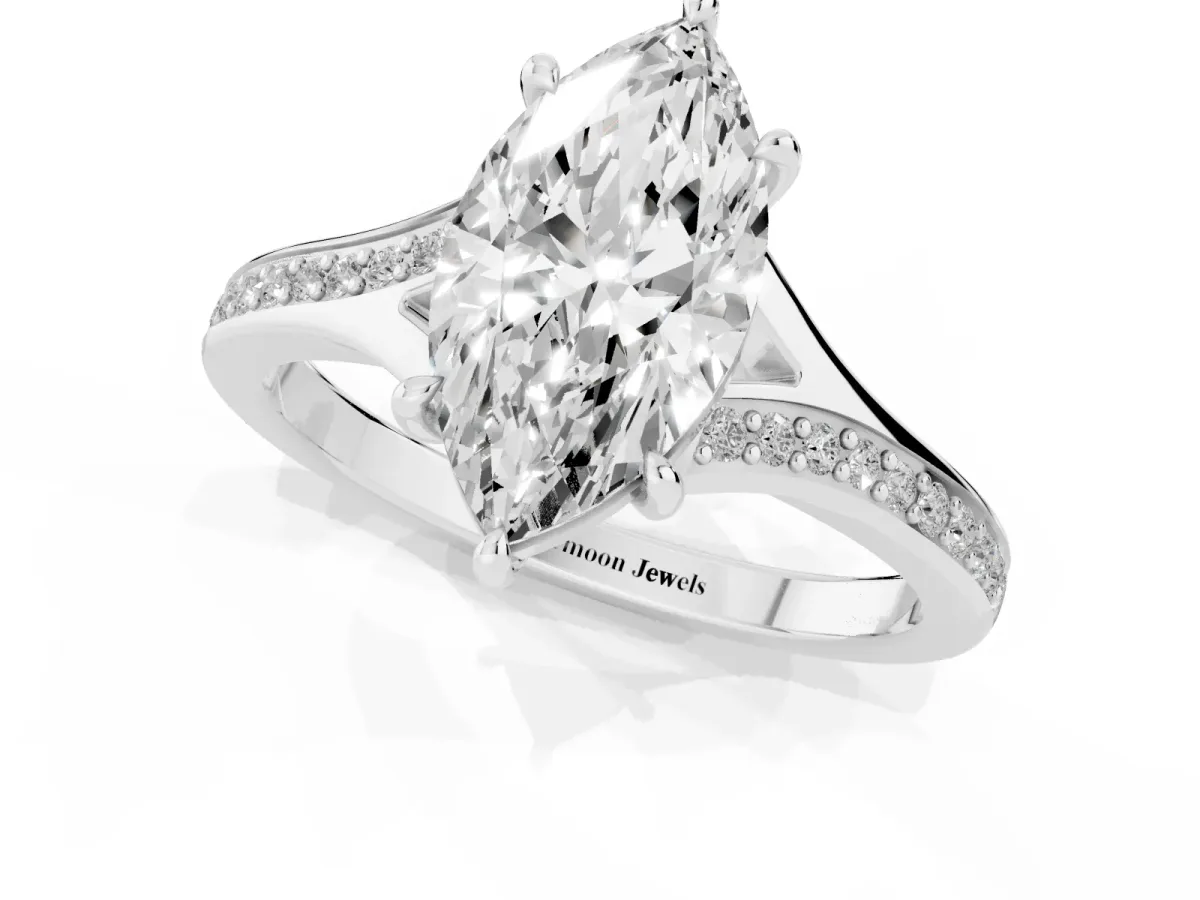 Marquise Cut Diamond Solitaire Ring with Pavé Band and Prong Setting Platinum