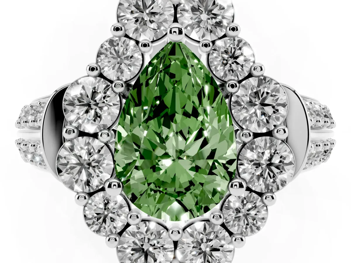 Fancy Green Pear Cut Halo Diamond Engagement Ring with Split Shank and Prong Setting Silver