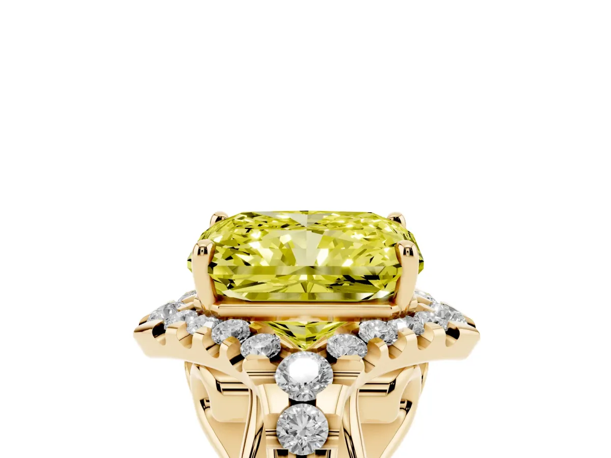 Fancy Yellow Radiant Cut Diamond Solitaire Ring with Hidden Halo and Pavé Band Yellow gold
