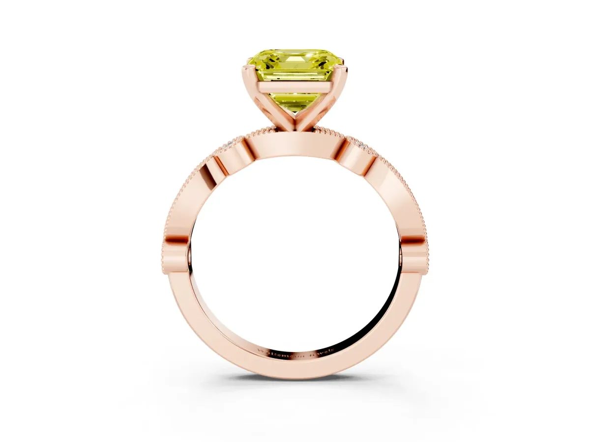 Fancy Yellow Asscher Cut Milgrain Bezel Diamond Engagement Ring with Solitaire Prong Setting Rose gold