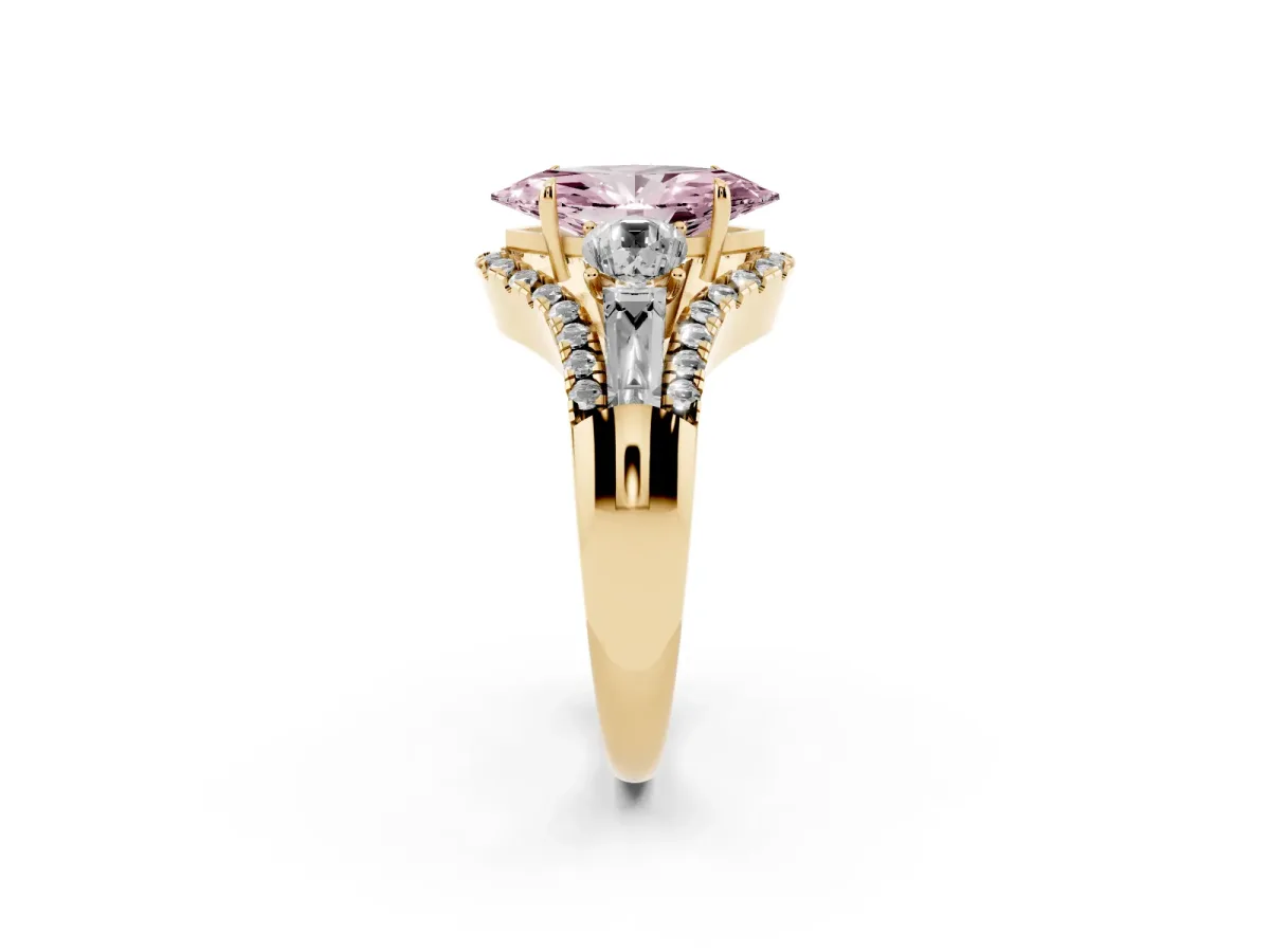 Fancy Pink Three-Stone Marquise Cut Diamond Engagement Ring with Pave Band and Prong Setting Yellow gold