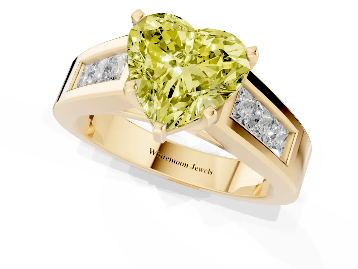 Fancy Yellow Heart Cut Cut Channel Set Solitaire Ring with Four-Prong Setting Yellow gold