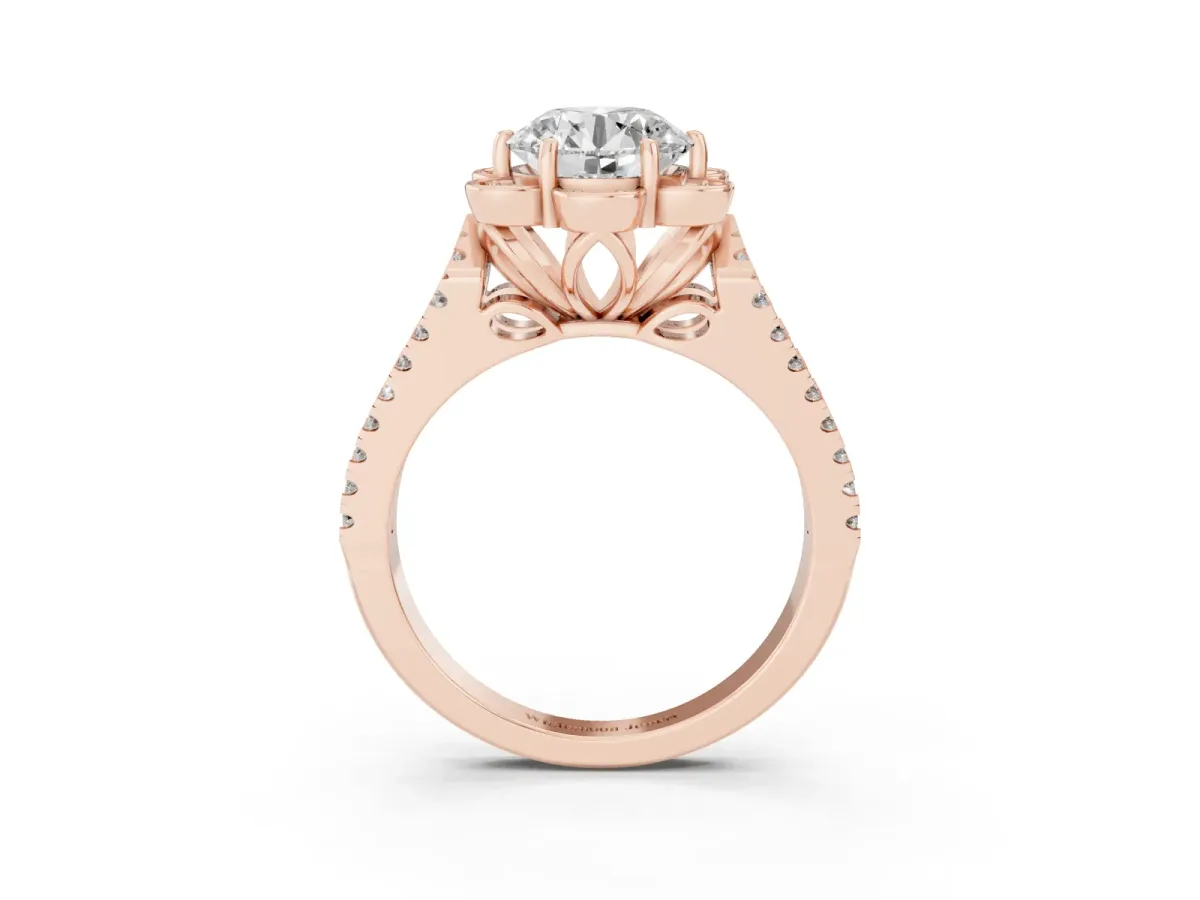 Round Cut Halo Diamond Floral Split Shank Engagement Ring Rose gold