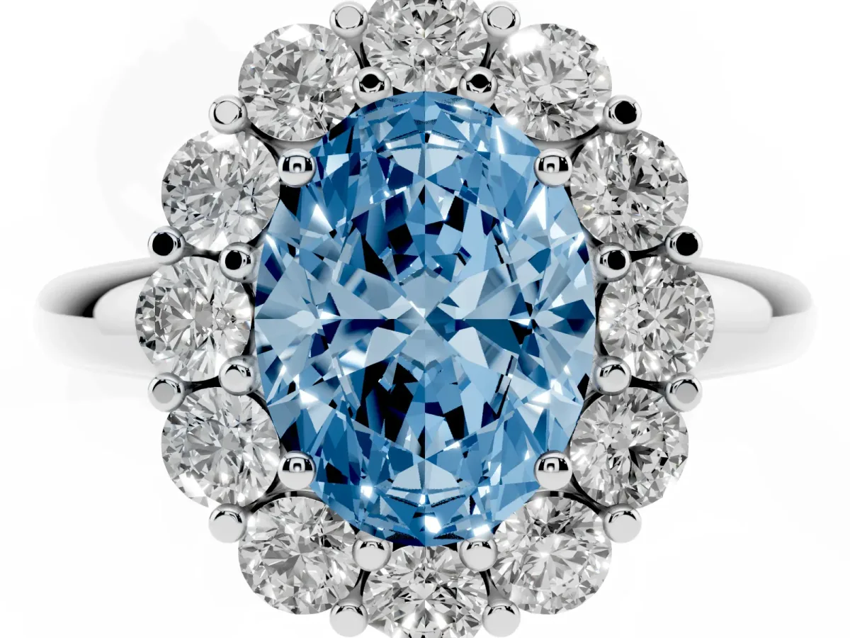 Fancy Blue Oval Cut Halo Cluster Diamond Engagement Ring with Prong Setting and Polished Band Silver