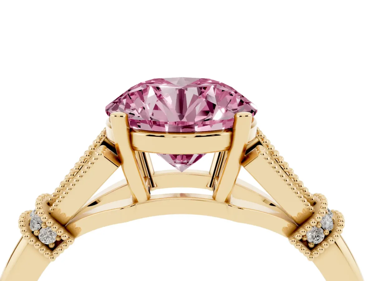 Fancy Pink Round Cut Diamond Solitaire Ring with Floral Filigree and Pave Accents Yellow gold