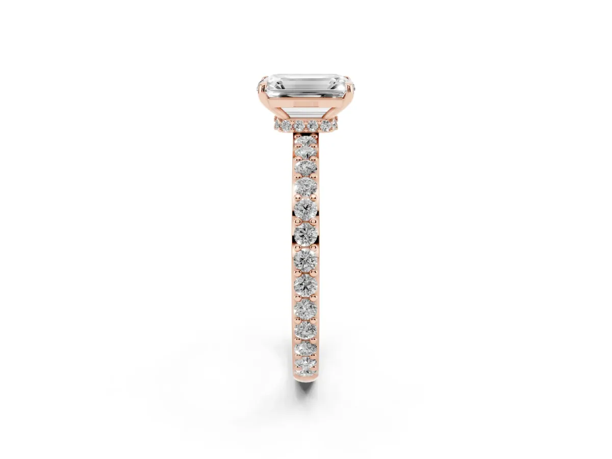 Emerald Cut Diamond Solitaire Engagement Ring with Pavé Band and Four-Prong Setting Rose gold