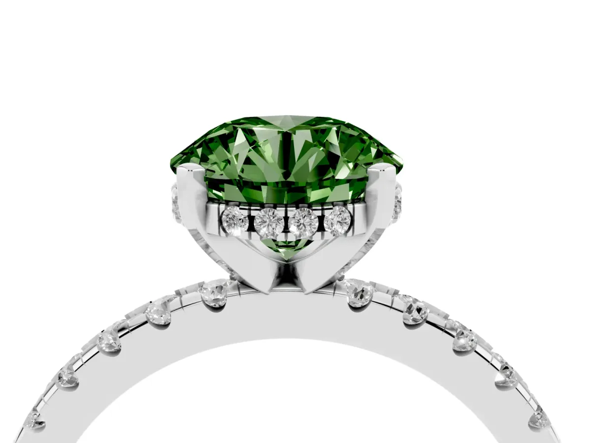 Fancy Green Round Cut Diamond Solitaire Ring with Round Pavé Band and Four-Prong Setting Silver