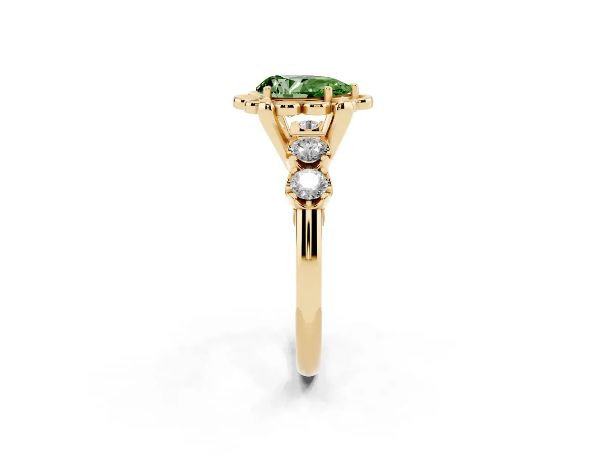 Fancy Green Pear Cut Cut Diamond Floral Halo Engagement Ring with Shared Prong Setting Yellow gold