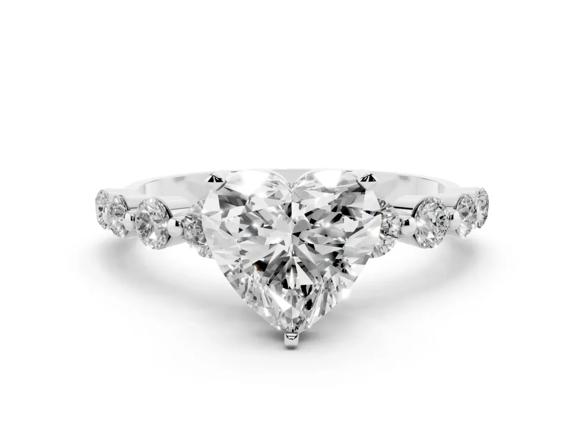 Heart Cut Solitaire Diamond Ring with Pave Band and Four-Prong Setting Silver
