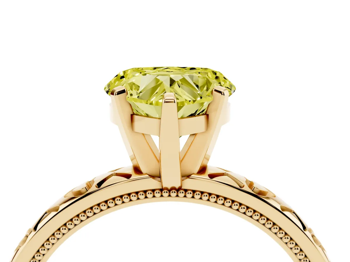 Fancy Yellow Heart Cut Solitaire Diamond Engagement Ring with XO Engraved Band and Four-Prong Setting Yellow gold