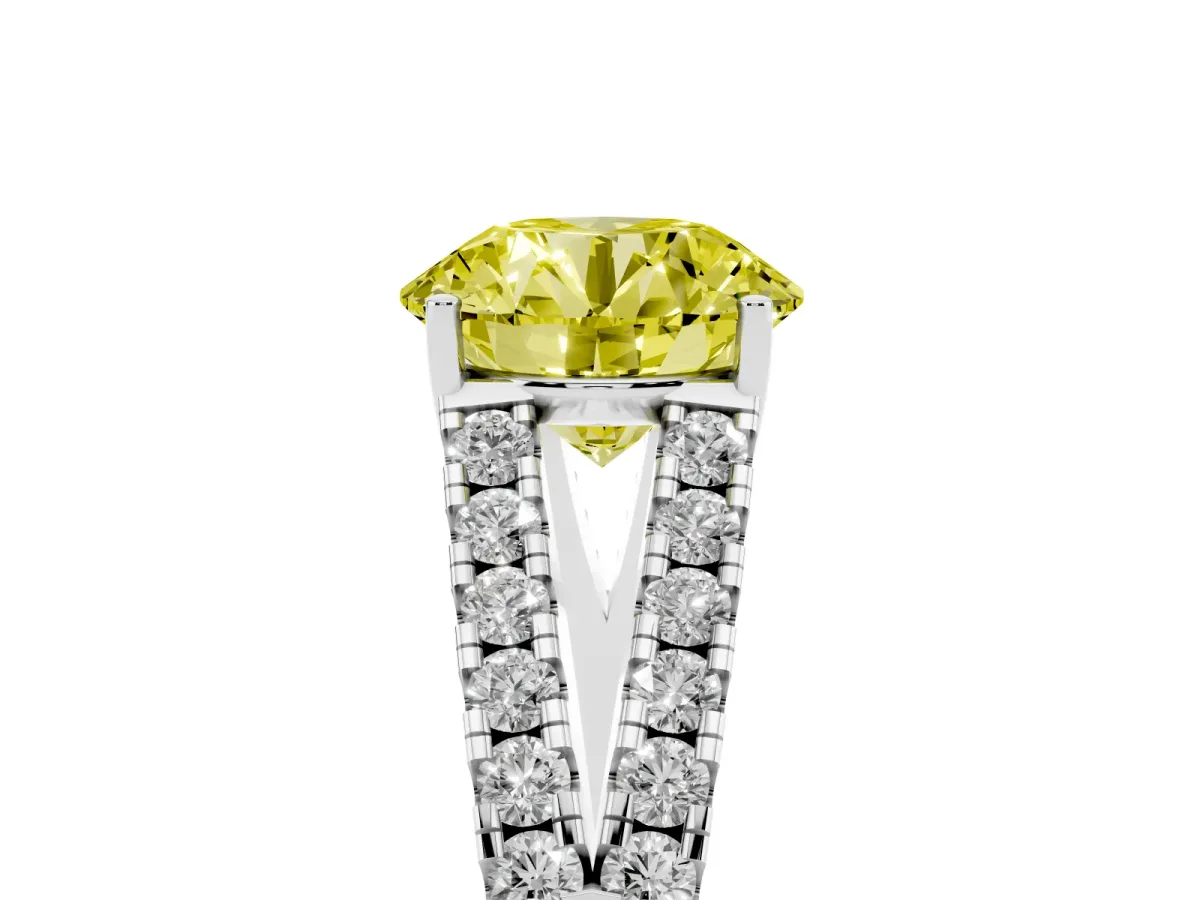 Fancy Yellow Round Cut Diamond Split Shank Pavé Engagement Ring with Four-Prong Setting White gold