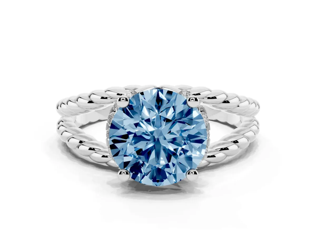 Fancy Blue Round Cut Halo Twisted Band Four-Prong Ring Platinum