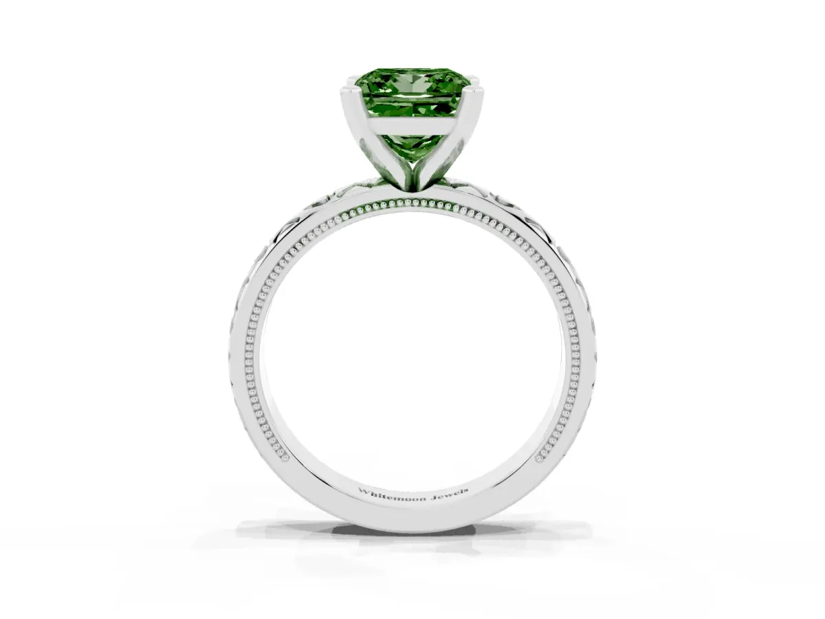 Fancy Green Princess Cut Solitaire Diamond Engagement Ring with XO Engraved Band and Four-Prong Setting Silver