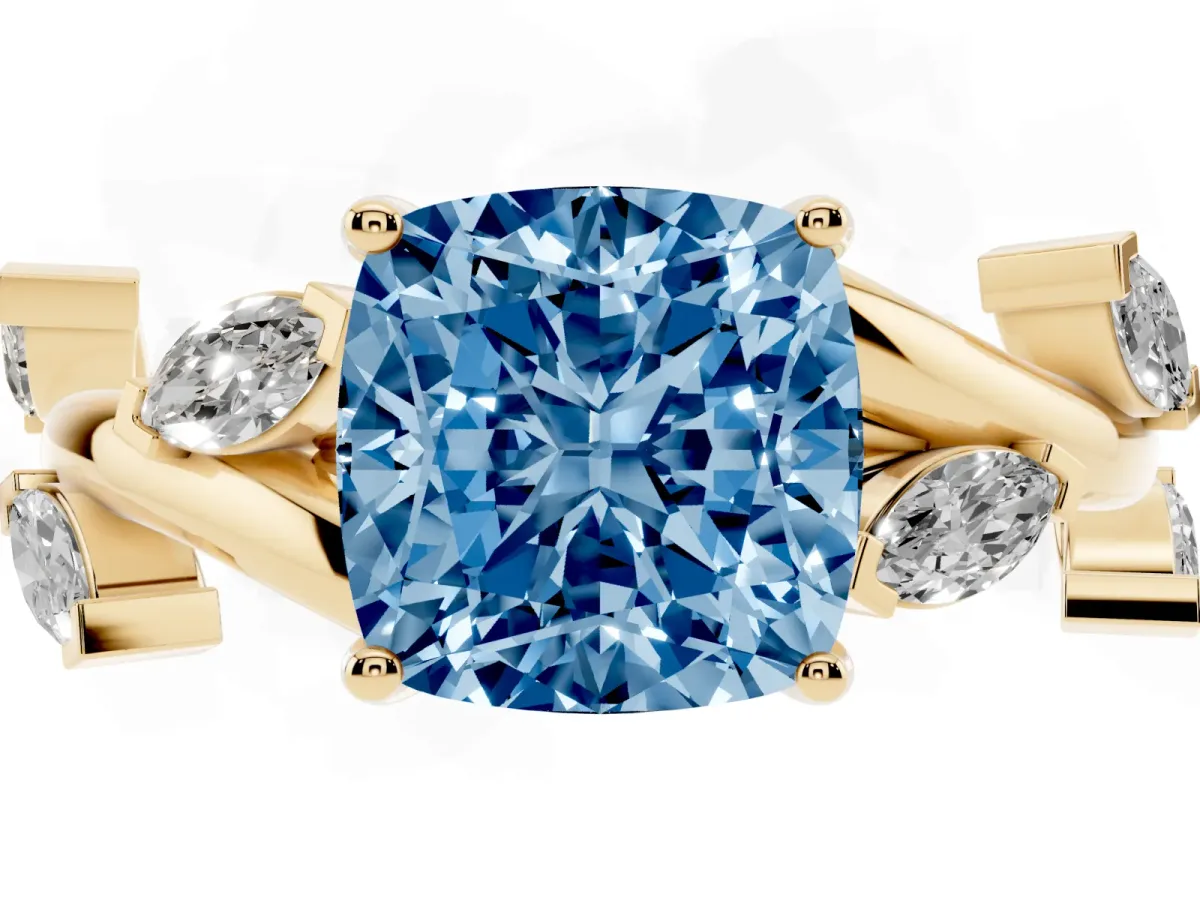 Fancy Blue Cushion Cut Solitaire Twisted Band Marquise Accent Prong Setting Ring Yellow gold