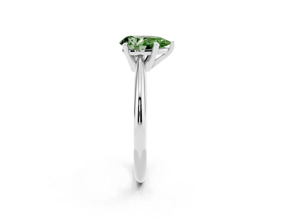 Fancy Green Pear Cut Cut Solitaire Ring with Four-Prong Setting on a Classic Band Platinum