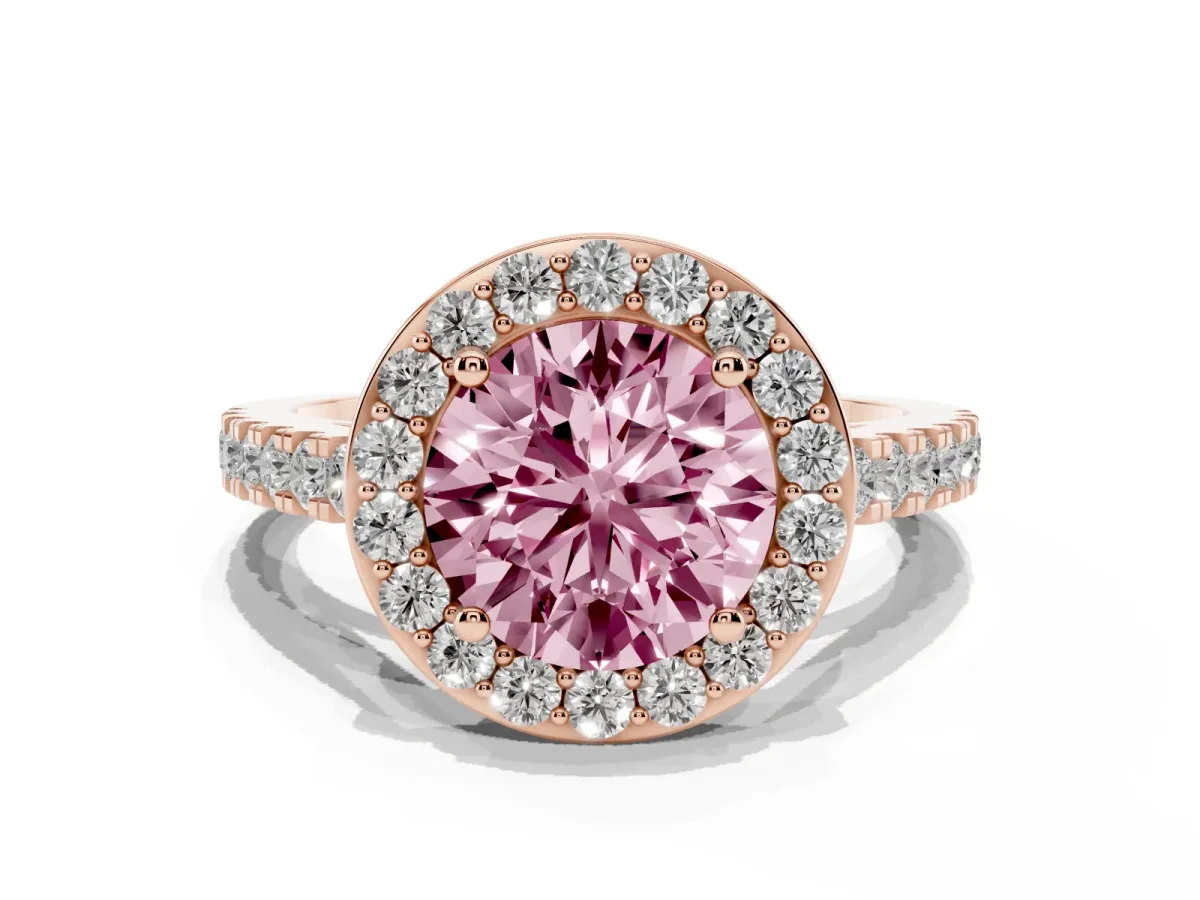 Fancy Pink Round Cut Diamond Halo Ring with Round Pavé Split Shank and Prong Setting Rose gold