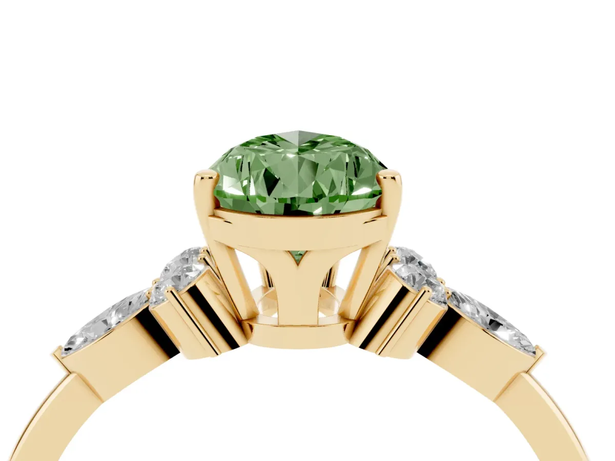 Fancy Green Pear Cut Brilliant Diamond Solitaire Ring with Pear Side Stones and Four-Prong Setting Yellow gold