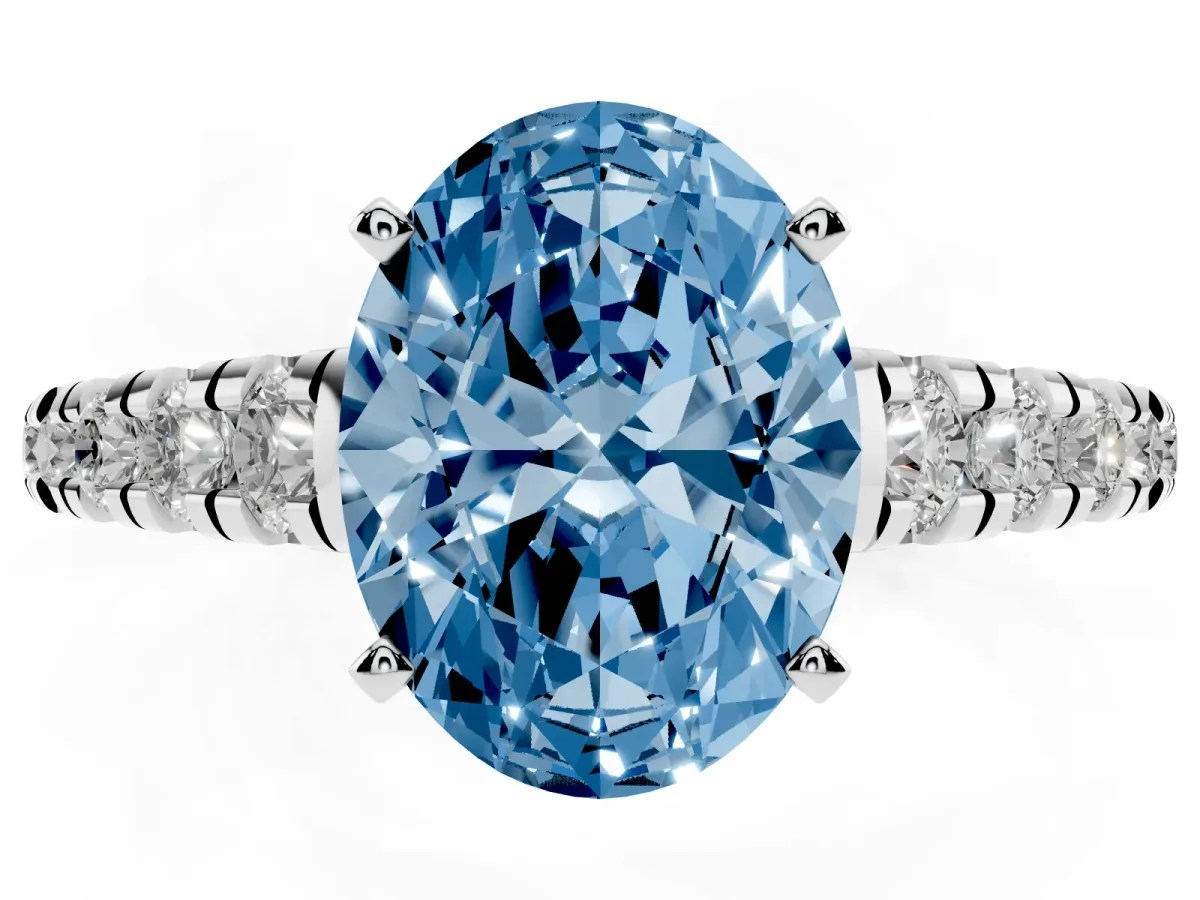 Fancy Blue Oval Cut Diamond Cathedral Solitaire Ring with Round Pavé Band Silver