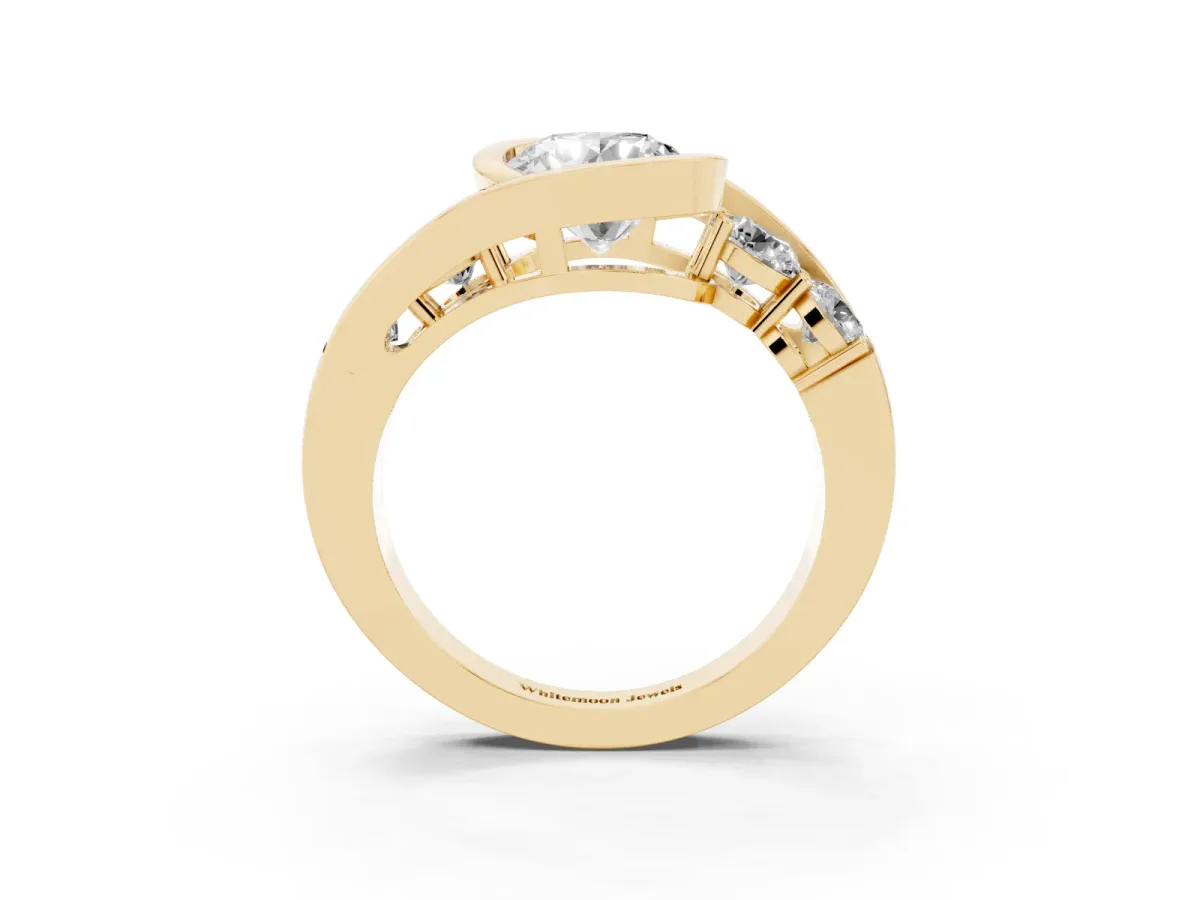 Bezel Set Round Cut Diamond Bypass Ring with Round Accents Yellow gold