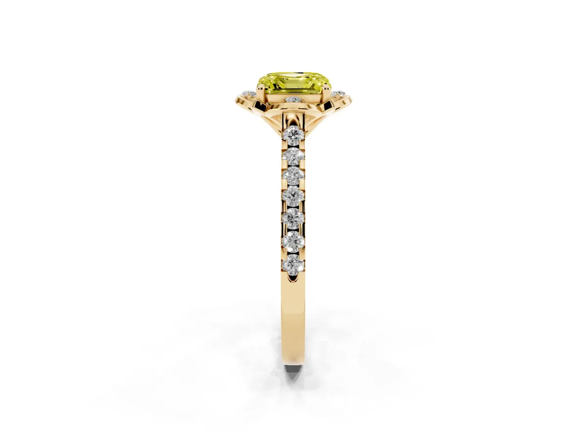 Fancy Yellow Asscher Cut Diamond Ring with Pavé Band and Floral Prong Setting Yellow gold