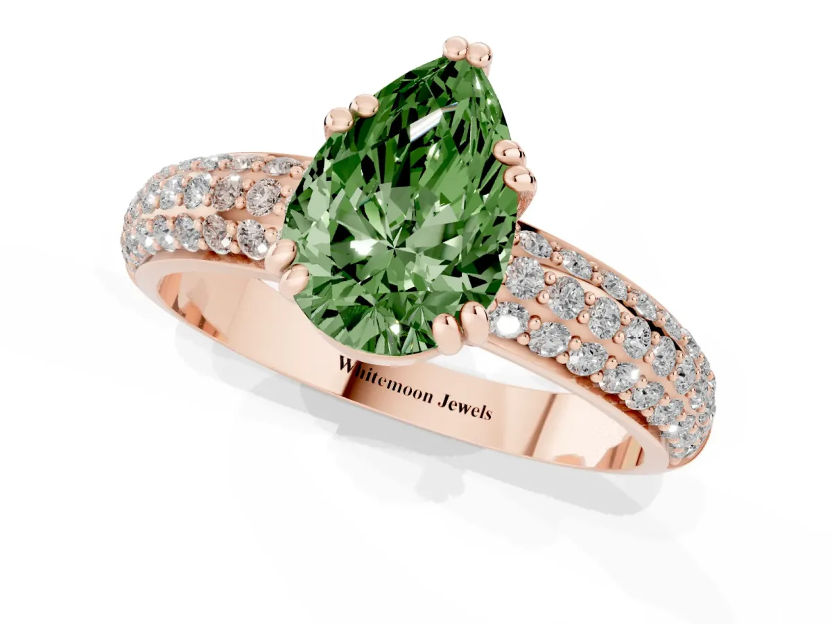 Fancy Green Pear Cut Diamond Solitaire Ring with Multi-Row Round Pavé Band and Prong Setting Rose gold
