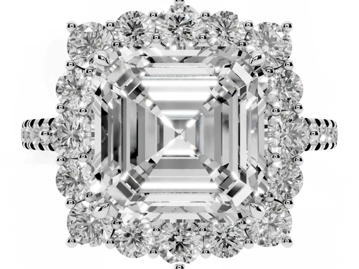 Asscher Cut Halo Diamond Ring with Pavé Band and Prong Setting Silver
