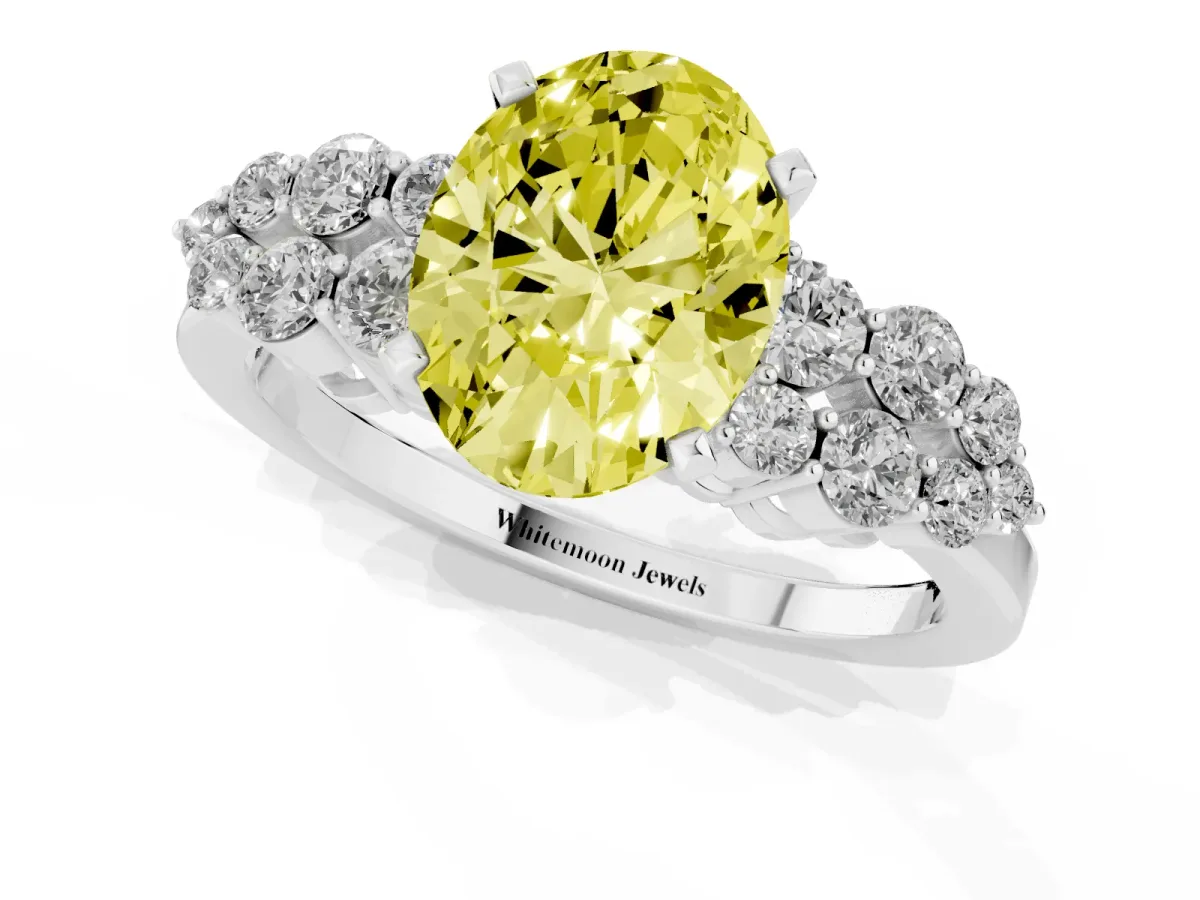 Fancy Yellow Oval Cut Cluster Diamond Engagement Ring with Pavé Band and Four-Prong Setting Platinum