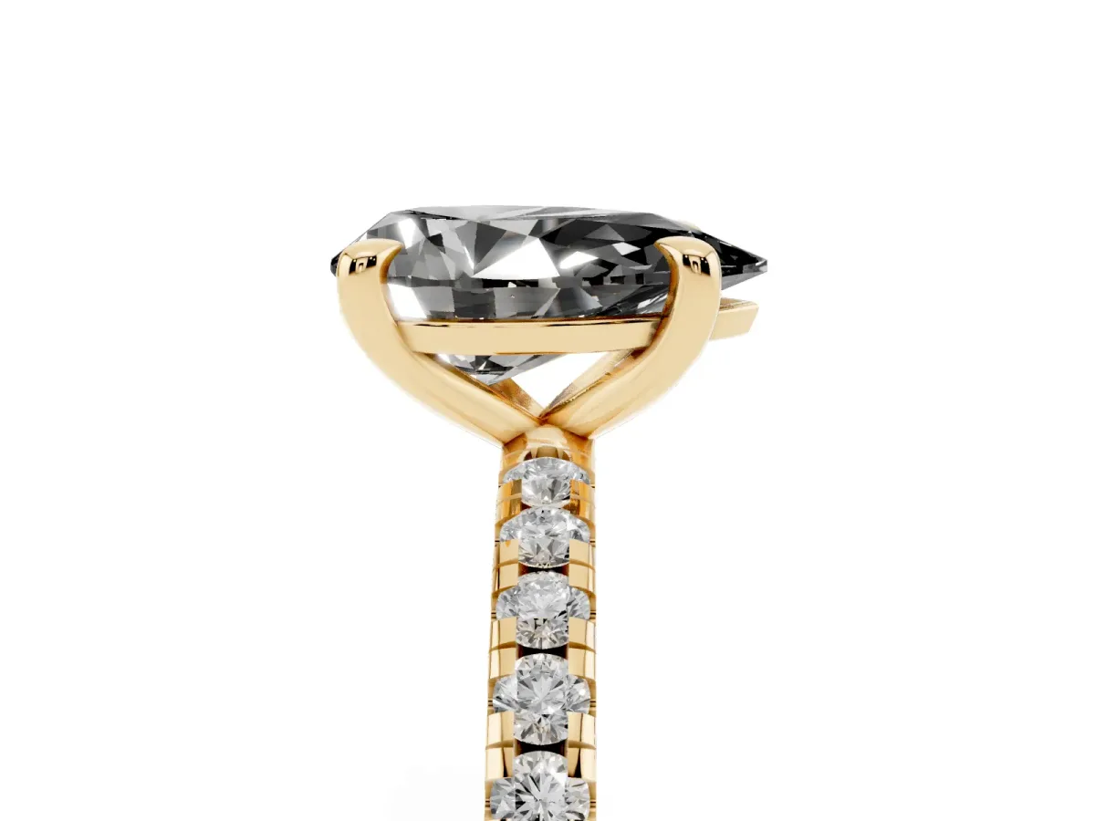 Fancy Black Pear Cut Diamond Brilliant Solitaire Ring with Pavé Band and Four-Prong Setting Yellow gold