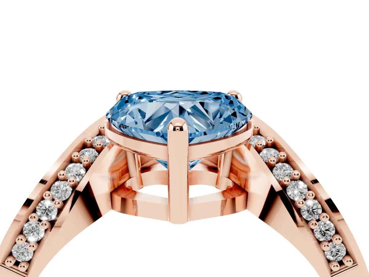 Fancy Blue Heart Cut Solitaire Diamond Engagement Ring with Pave Band and Four-Prong Setting Rose gold