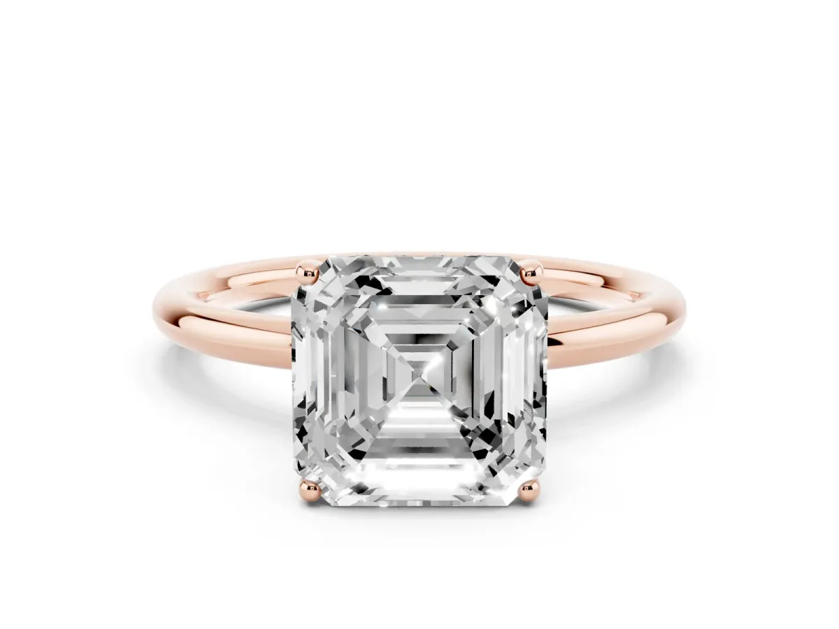 Asscher Cut Solitaire Diamond Ring with a Classic Band and Four-Prong Setting Rose gold