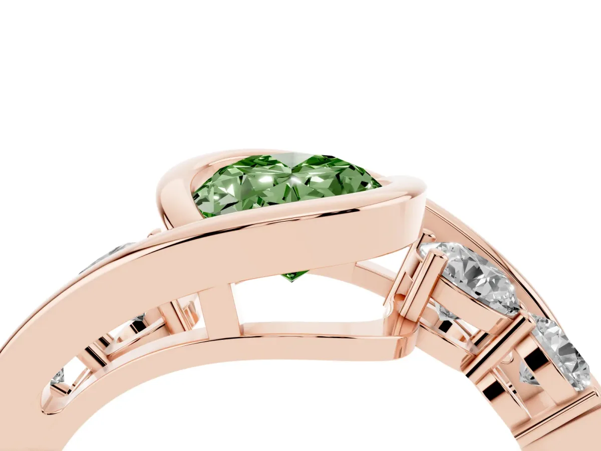 Fancy Green Bezel Set Oval Cut Diamond Bypass Ring with Round Accents Rose gold