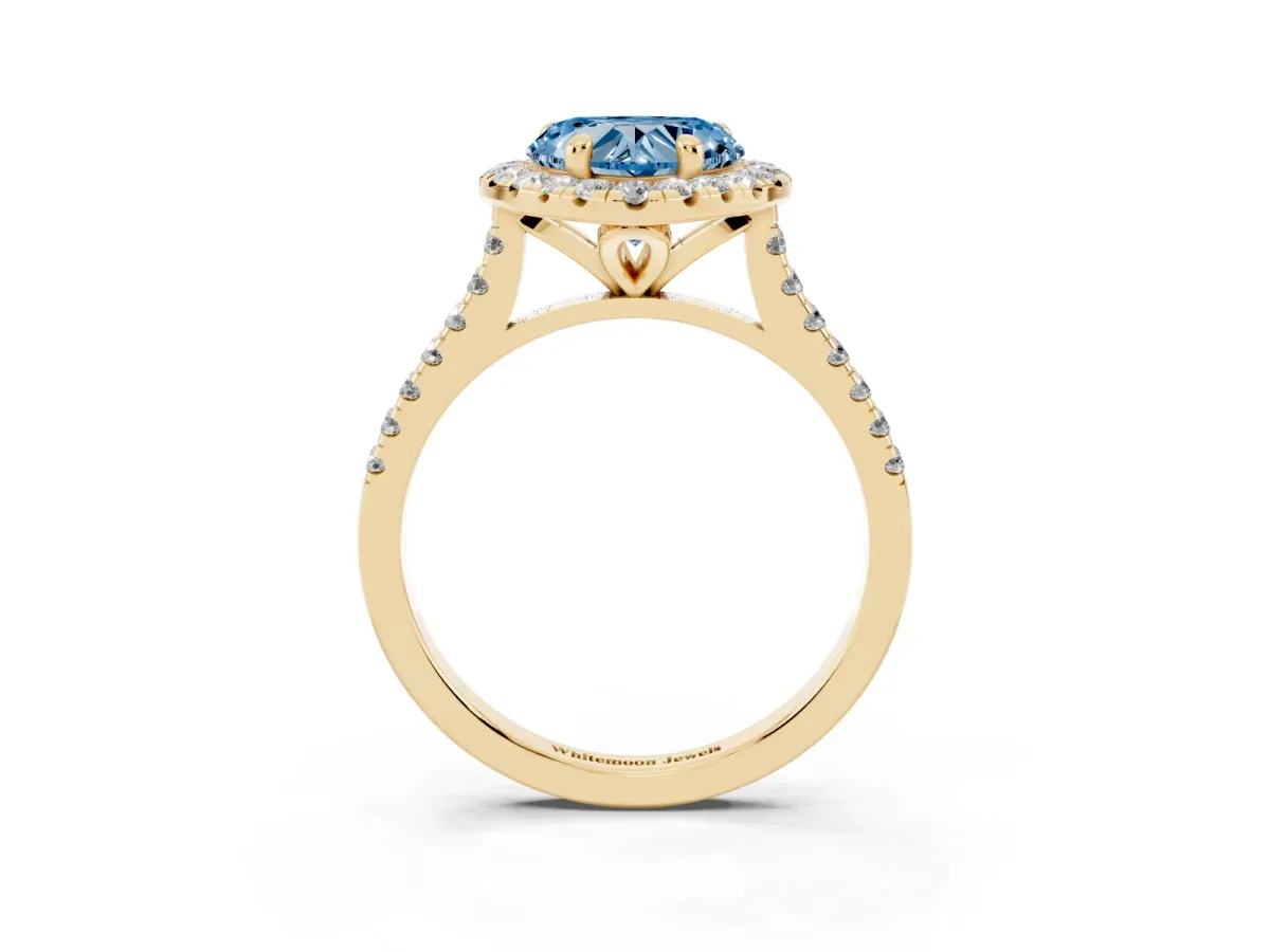 Fancy Blue Heart Cut Diamond Cushion Halo Ring with Pavé Band Yellow gold