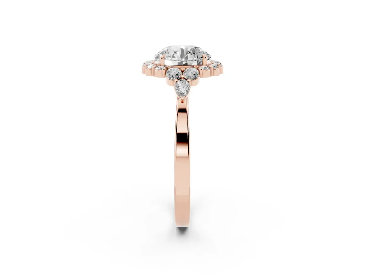 Round Cut Diamond Halo Ring with Pear Side Stones and Prong Setting Rose gold