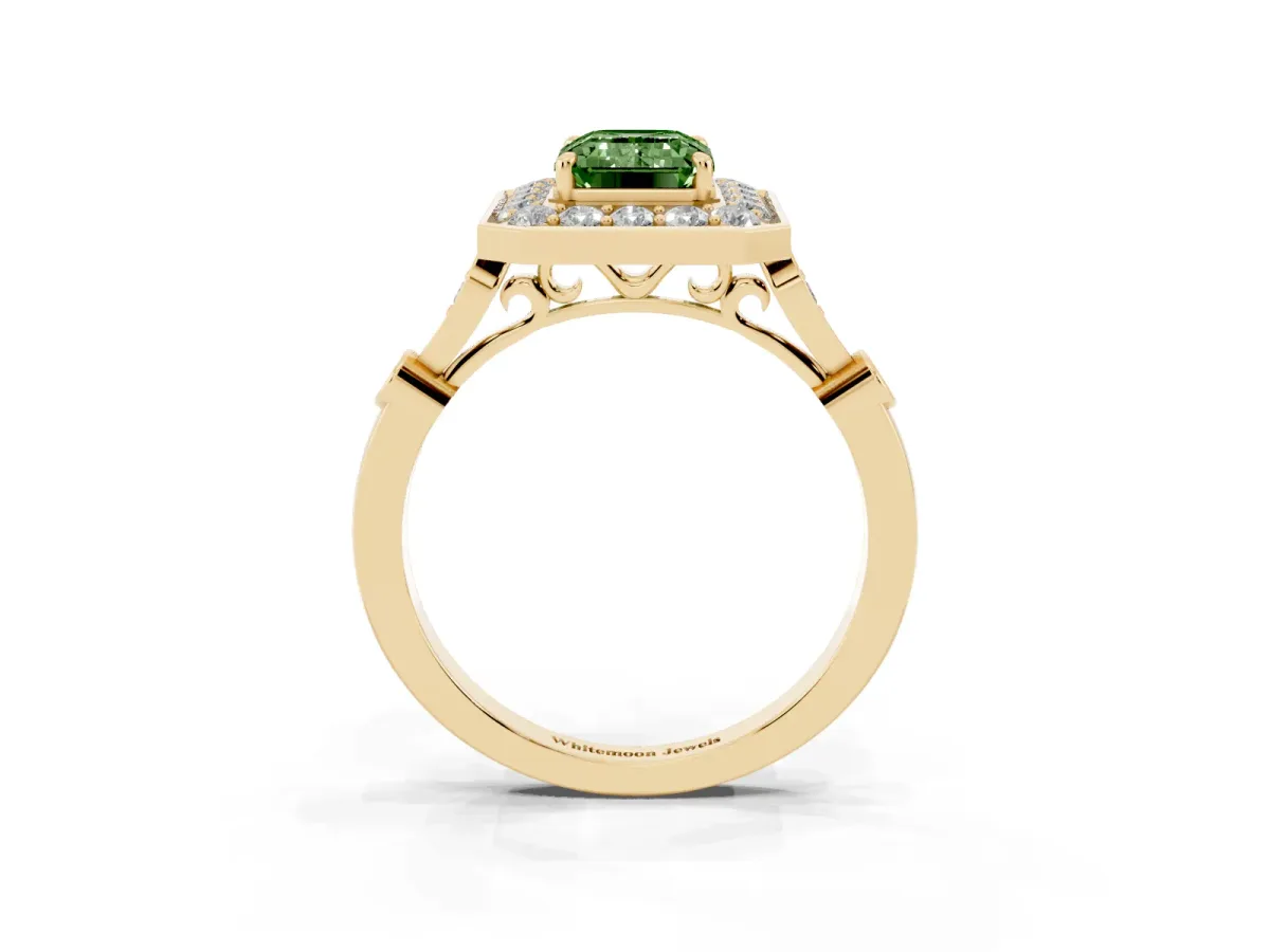 Fancy Green Emerald Cut Halo Diamond Engagement Ring with Twisted Band and Four-Prong Setting Yellow gold