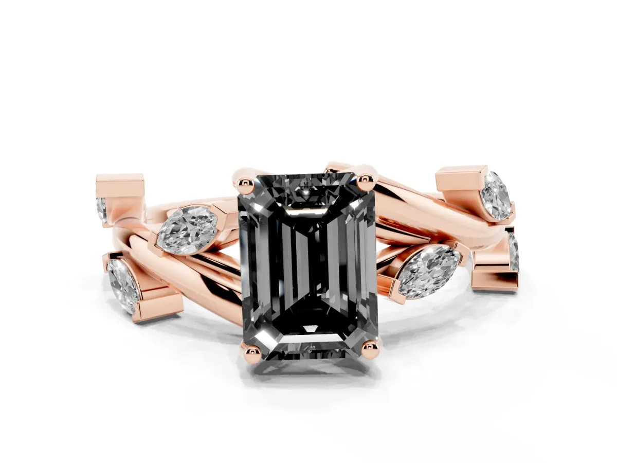Fancy Black Emerald Cut Solitaire Twisted Band Marquise Accent Prong Setting Ring Rose gold