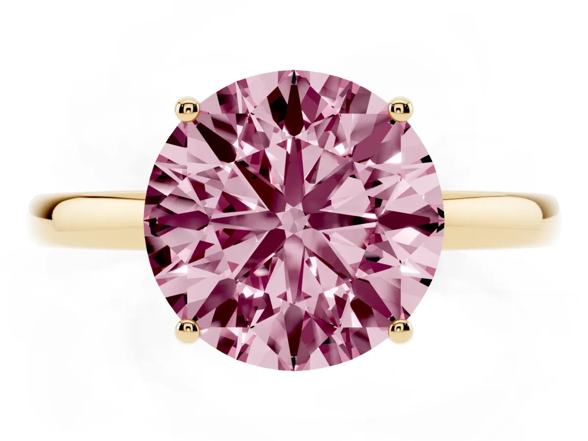 Fancy Pink Round Cut Solitaire Diamond Ring with Prong Setting and Plain Band Yellow gold