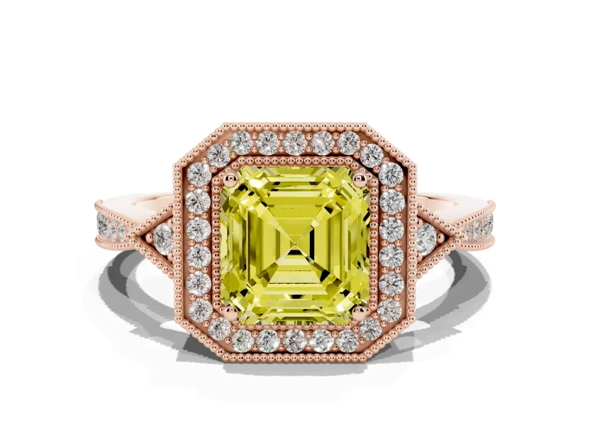 Fancy Yellow Asscher Cut Halo Round Diamond Milgrain Pave Engagement Ring Rose gold