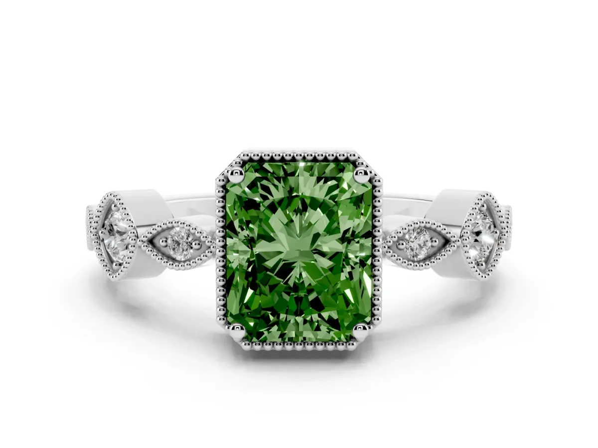 Fancy Green Radiant Cut Diamond Vintage Milgrain Ring with Round Stations Silver