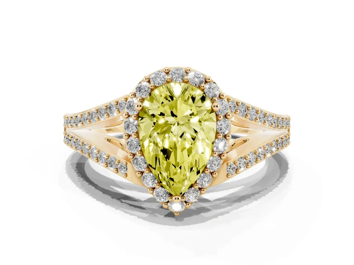 Fancy Yellow Pear Cut Halo Split Shank Diamond Ring with Prong Setting Yellow gold