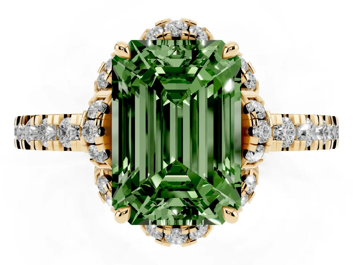 Fancy Green Emerald Cut Halo Diamond Pave Band Ring with Four-Prong Setting Yellow gold
