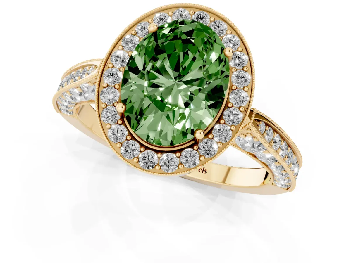 Fancy Green Oval Cut Halo Diamond Engagement Ring with Split Shank Band and Four-Prong Setting Yellow gold